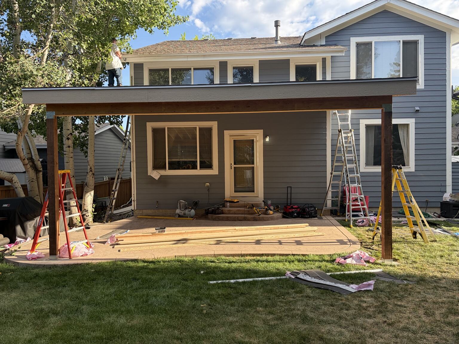 Patio cover after roof sheathing was installed