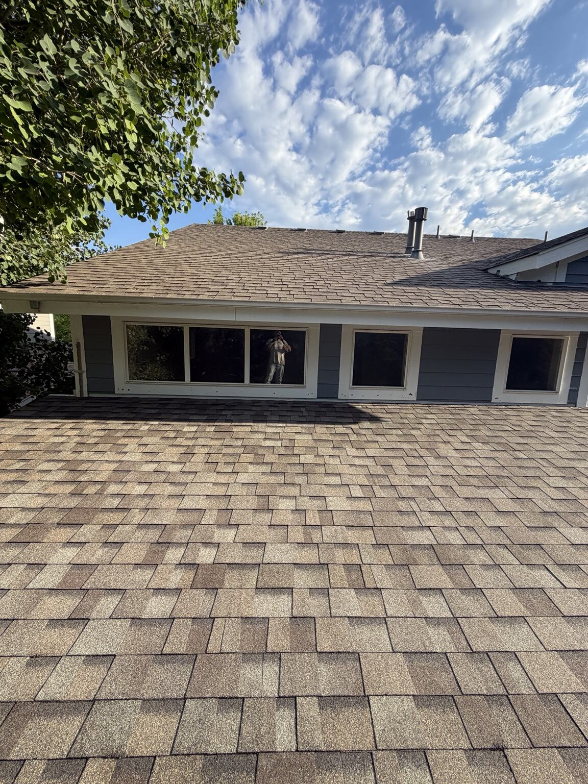 Newly shingled patio-cover roof viewed from above